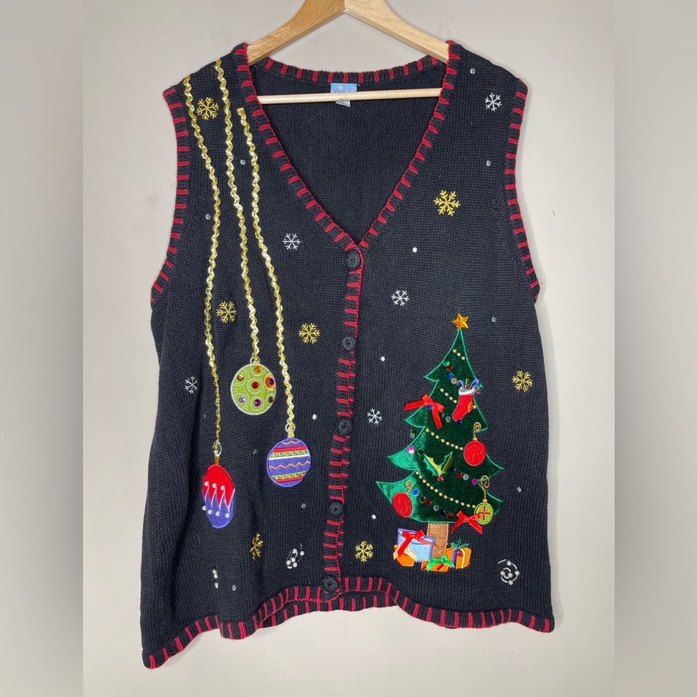 Holiday Christmas Sweater Ugly Christmas Tree Sz 1x Black Sweater Vest